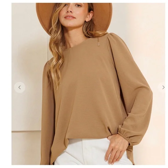 Boho Balloon Long Sleeve Solid Blouse - Picture 2 of 5